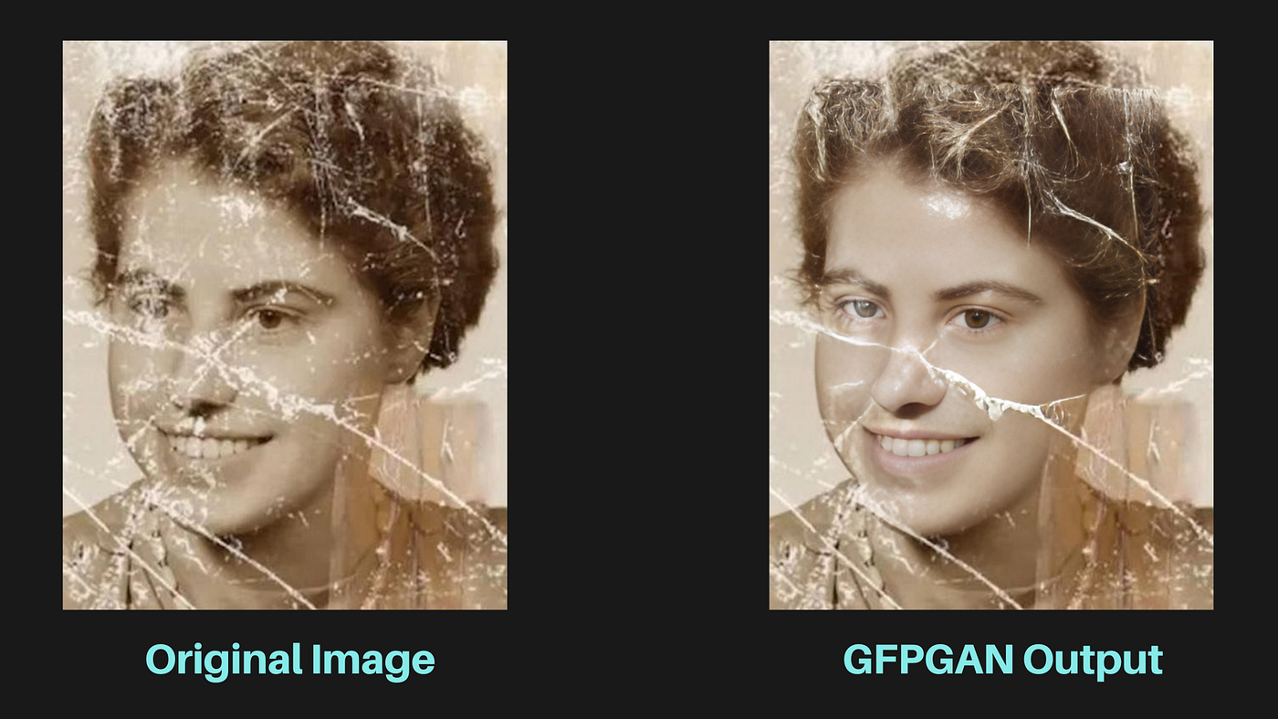 Before and after GFPGAN face restoration comparison on old photograph
