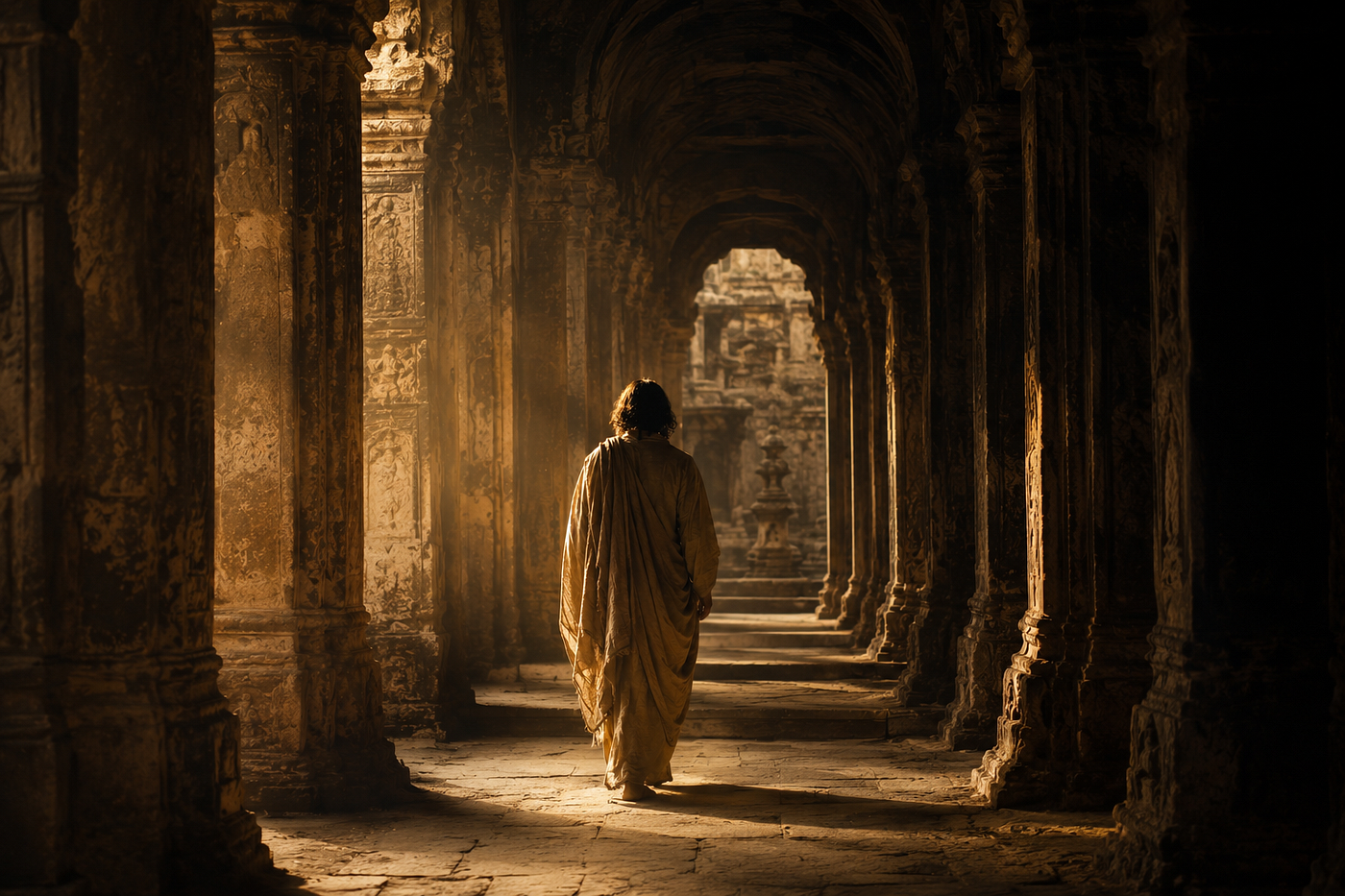 Silhouette of a lone figure walking through ancient stone temple columns at sunset, representing Jesus withdrawing from the crowd in John 8:59 image created by Author