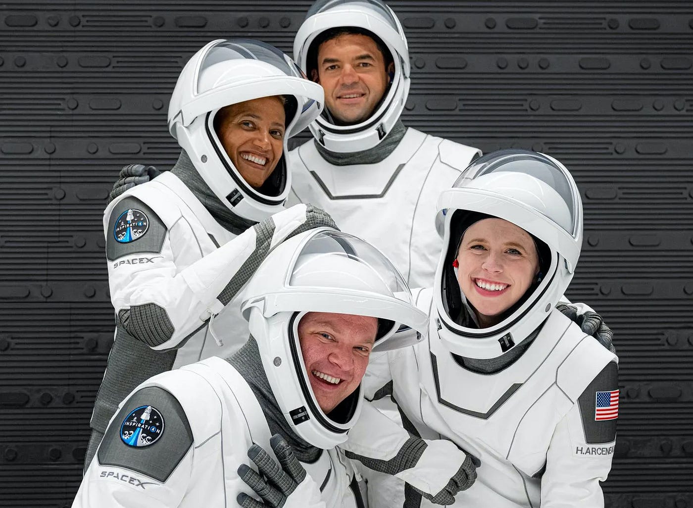Inspiration4 crew, clockwise from top: Commander Jared Isaacman, medical officer Hayley Arceneaux, mission specialist Chris Sembroksi, and mission pilot Dr. Sian Proctor. (photo: J. Krauss)