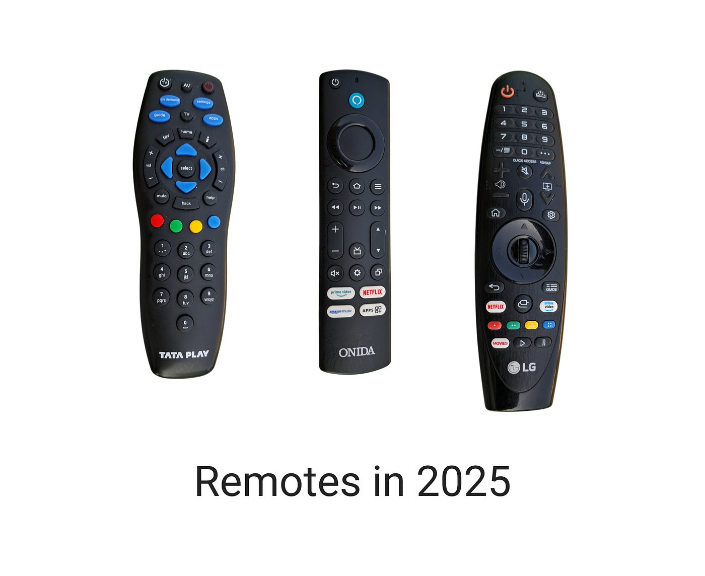 3 tv remotes used in 2025. Tata play dish tv remote, Onida Fire TV remote and LG smart tv remote