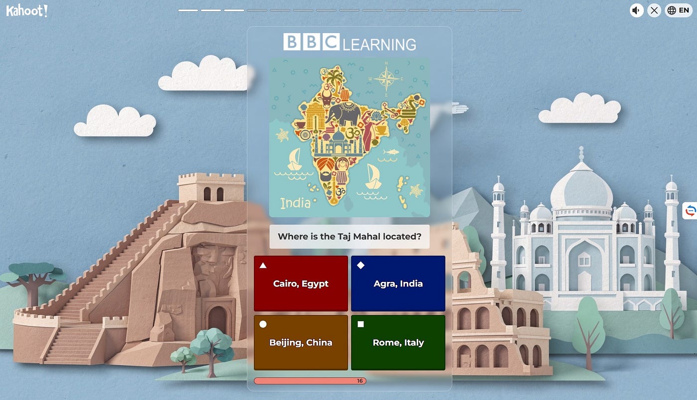 Screenshot of a BBC Learning Kahoot! quiz question about the Taj Mahal, taken by the author.
