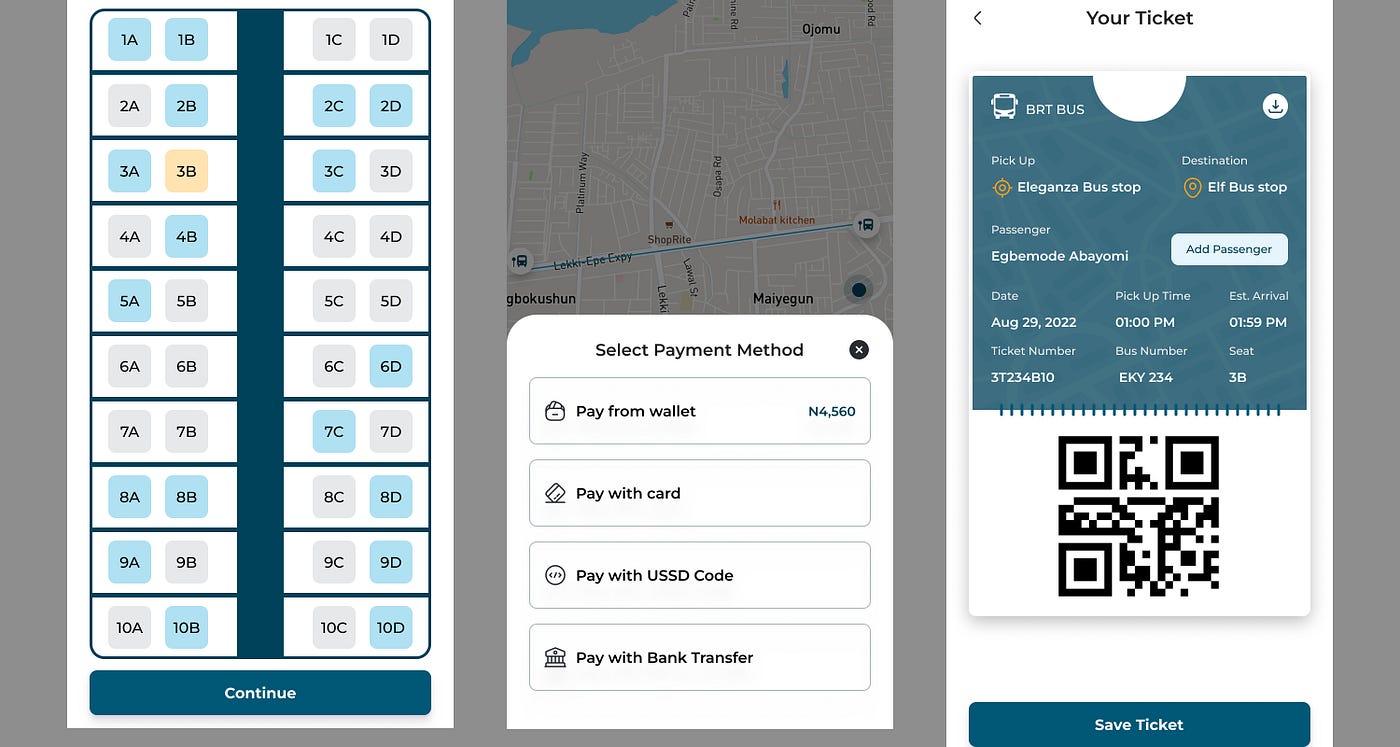 Payment method and ticket screen.