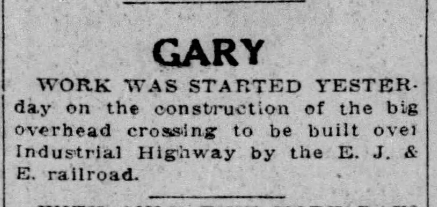 Article about the construction of the EJ&E flyover Industrial Highway, 1924.