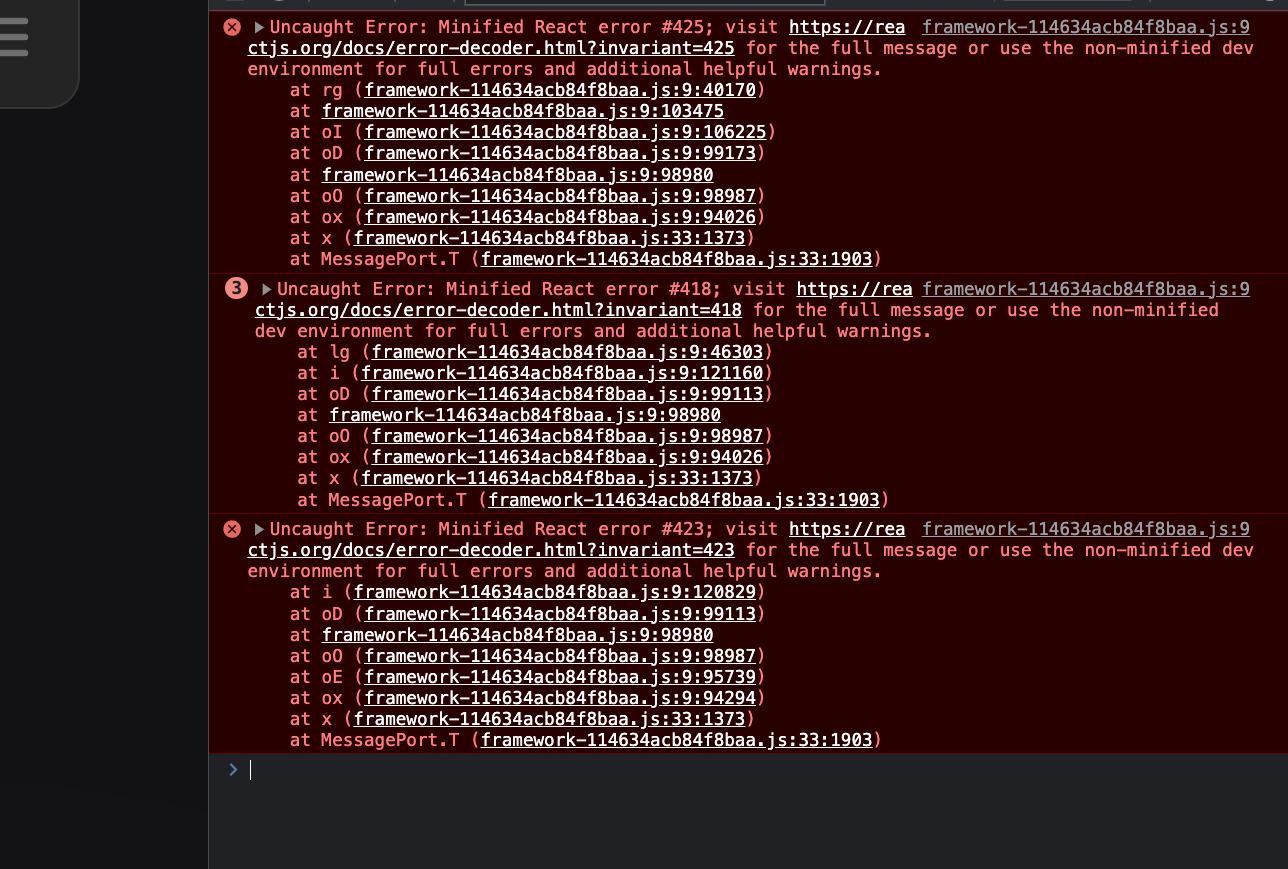 Screenshot of errors from my custom domain — e.g example.com