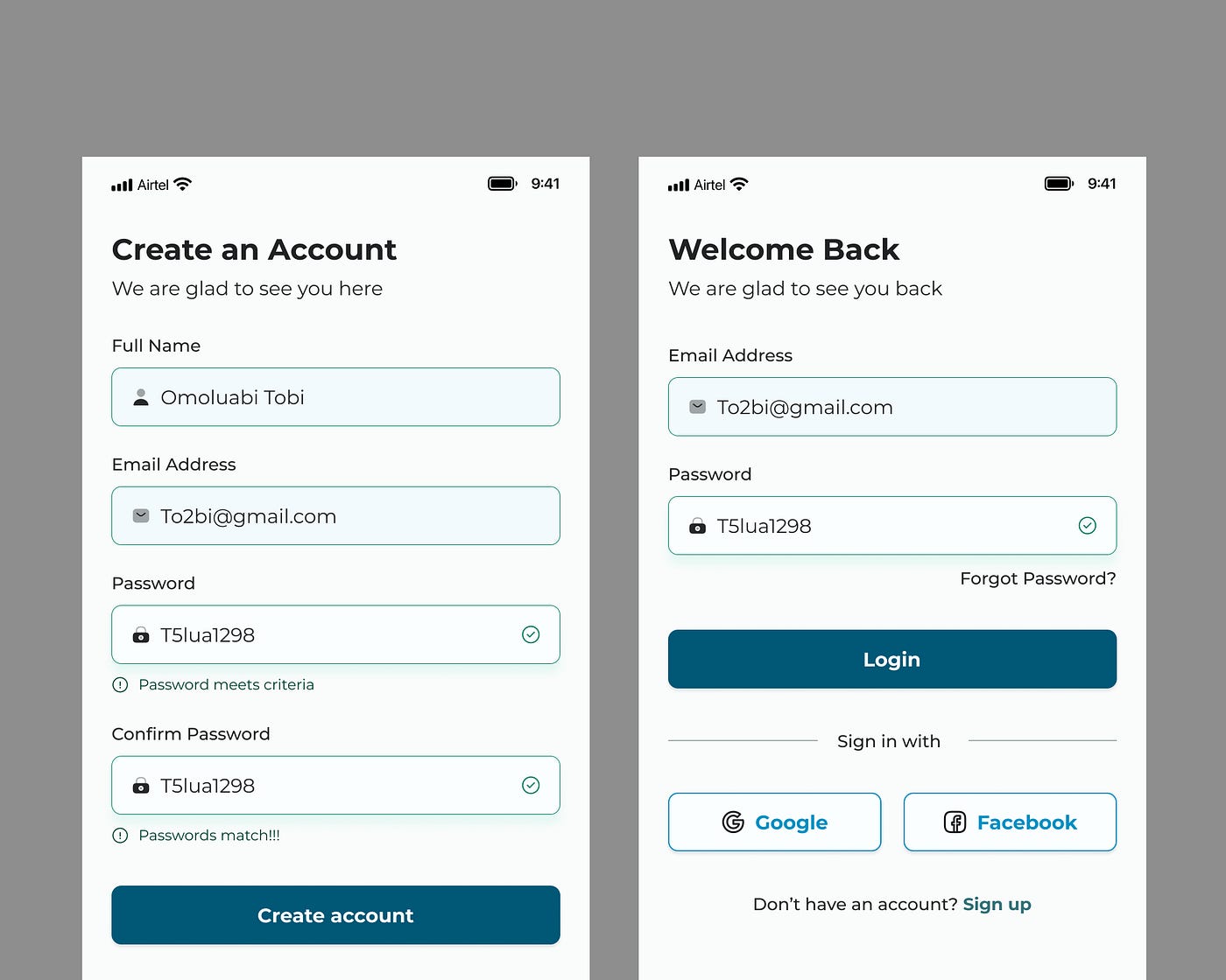 The filled screen to create account and to login.