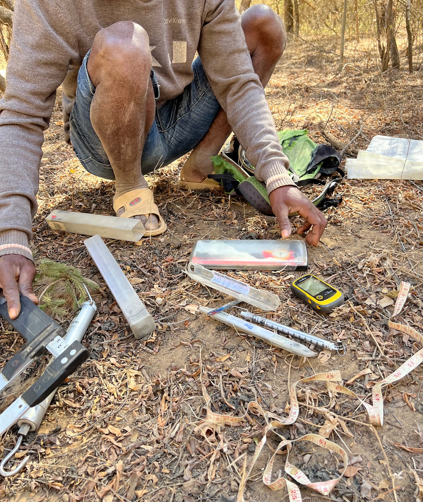 A conservation worker at Bezà Mahafaly Reserve showing his tools for measuring tortoises