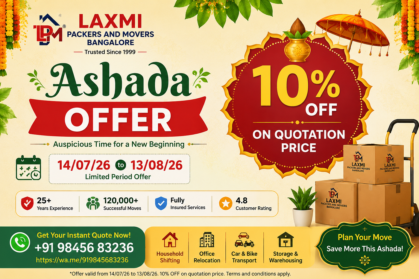 Ashada Offer | 10% OFF on Quotation Price | Laxmi Packers and Movers Bangalore