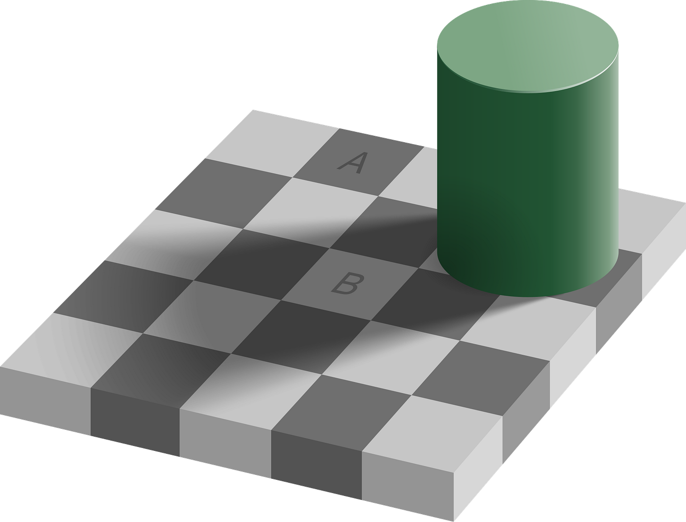 The regions marked A and B are the same shade of gray. / Original: Edward H. Adelson, vectorized by Pbroks13. — Own work, CC BY-SA 4.0, https://commons.wikimedia.org/w/index.php?curid=75000950