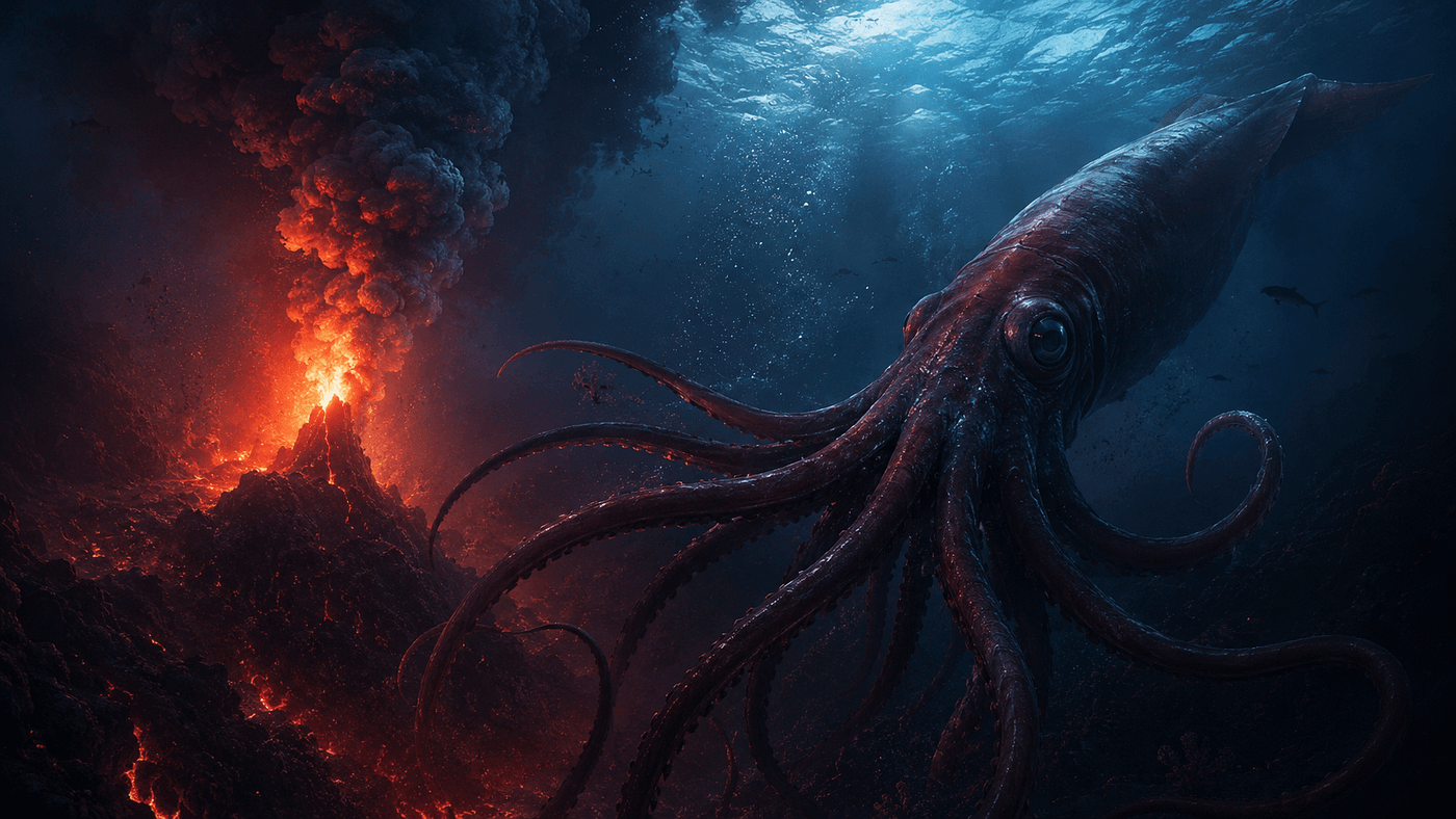When Fire Meets the Abyss: Could an Underwater Volcano Drive a Colossal Squid Into Sunlight?