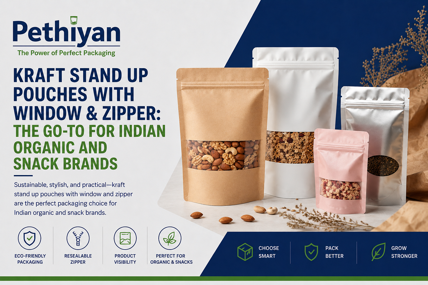 Kraft Stand Up Pouches With Window & Zipper: The Go-To for Indian Organic and Snack Brands