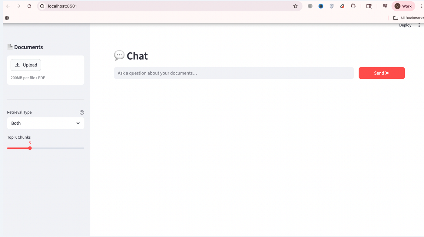 Screenshot: Left column: PDF uploaded with ‘Indexed ✅’ badge, Retrieval Type dropdown set to ‘Both’, Top K slider at 5, and 5 pre-loaded test case query buttons visible