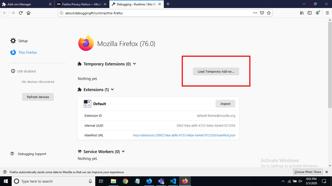 Temporarily load an extension in Firefox 