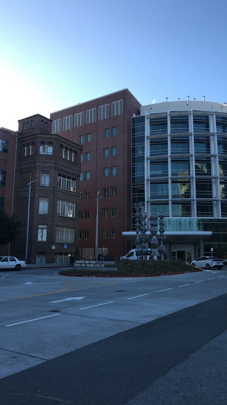 View of San Francisco General Hospital’s new building and older brick buildings