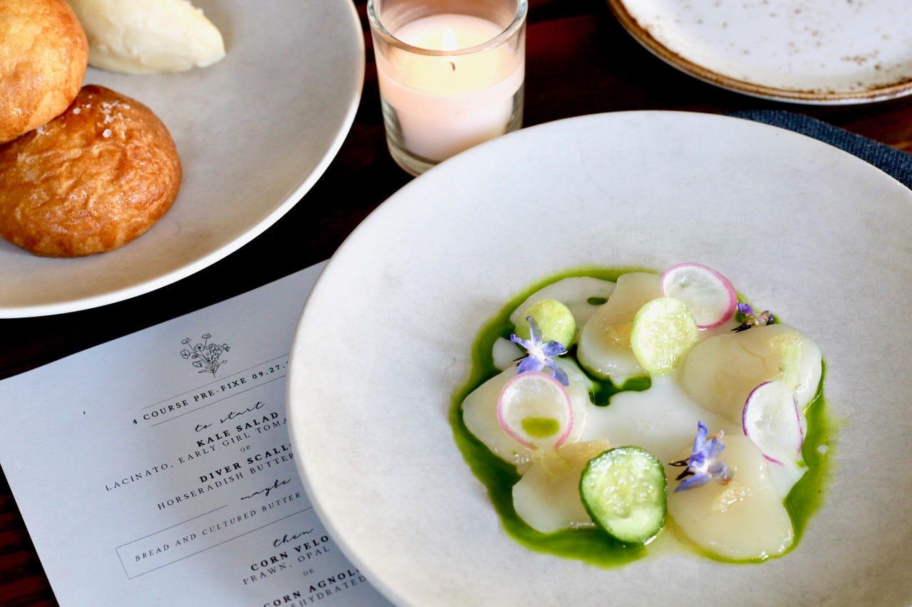 Oysters in a cream sauce with vegetable slices as garnish in a dish that’s on a paper prix fixe menu.