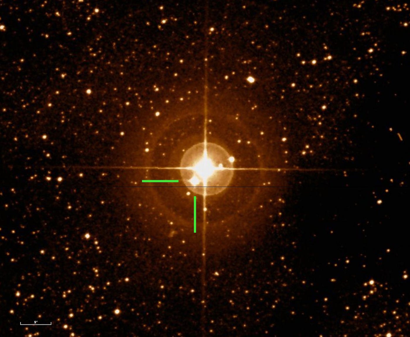 Gliese 667 A e B sono troppo vicine per essere separate e appaiono come un’unica brillante stella, al centro di quest’immagine tratta dalla Digitized Sky Survey 2. Gliese 667 C è visibile appena in basso a sinistra, indicata dai due segmenti verdi, avvolta dal bagliore delle altre due stelle