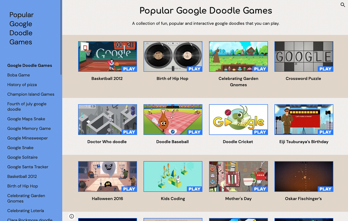 A google site with links to games 