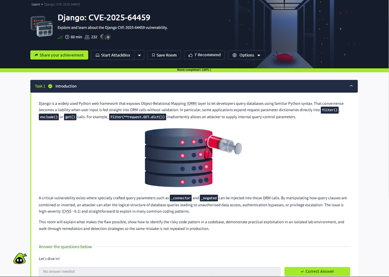 TryHackMe — Django: CVE-2025–64459/Walkthrough with Answers | by