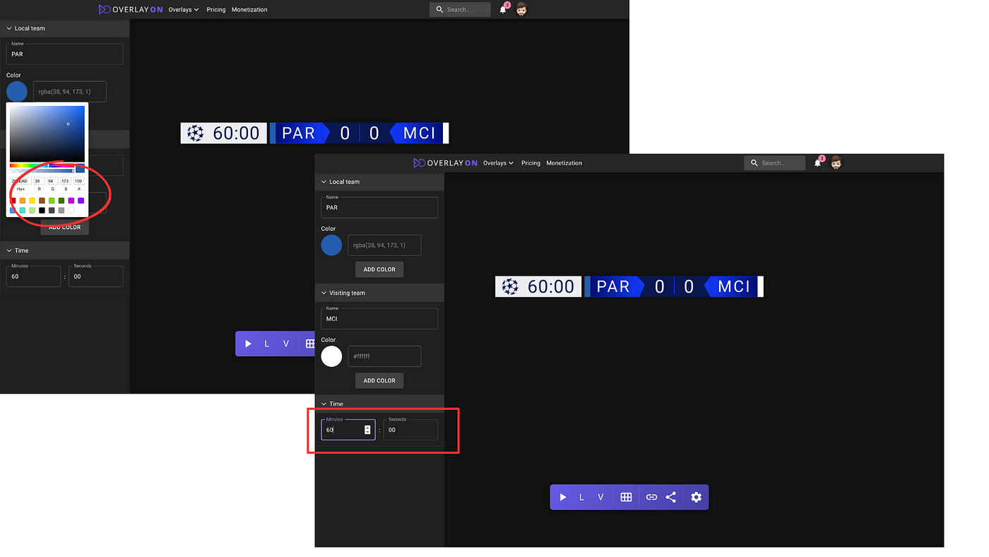 Editing the scoreboard teams and colours on OverlayOn builder