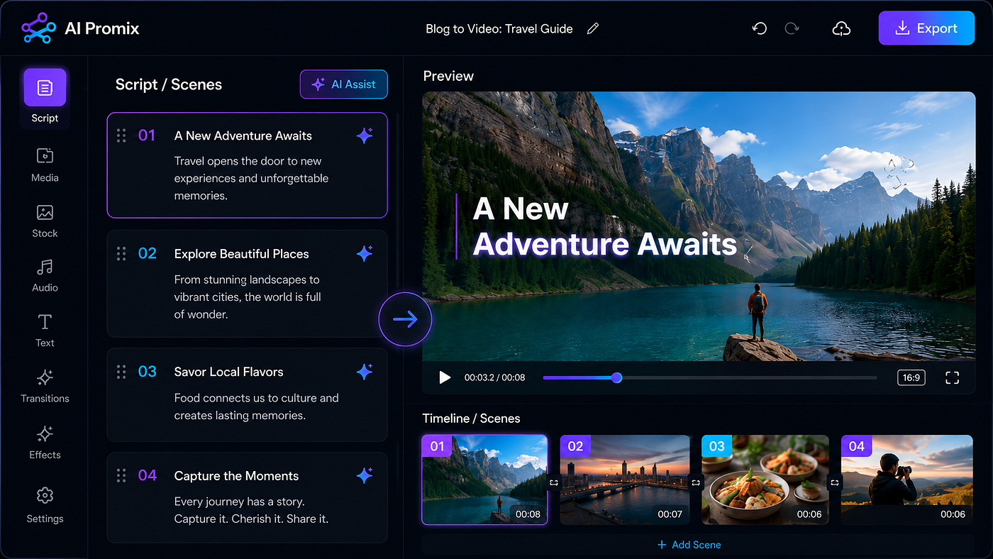 AI video editor with scenic preview