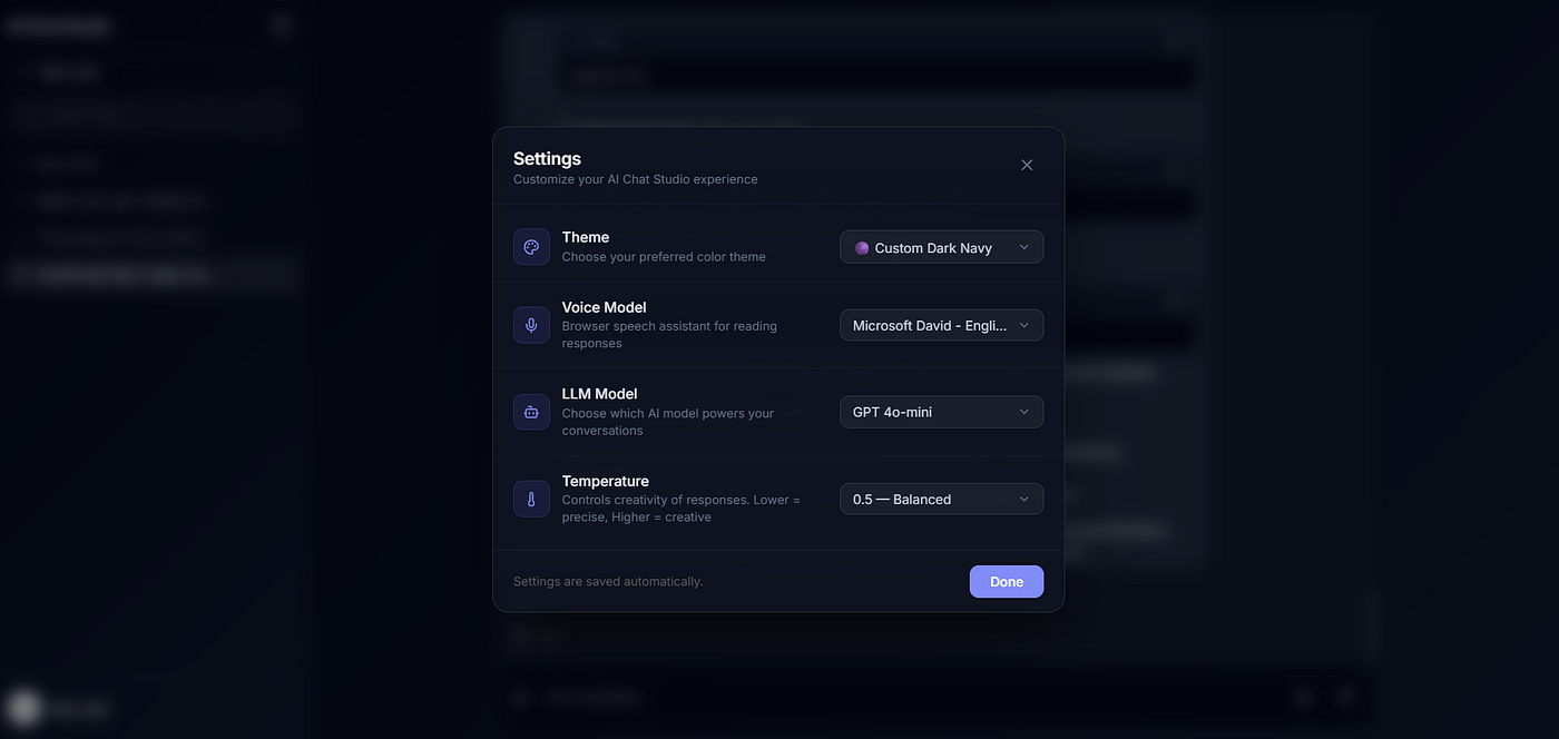 Centralized Settings Modal containing Voice, LLM Model, Temperature, and Theme preferences