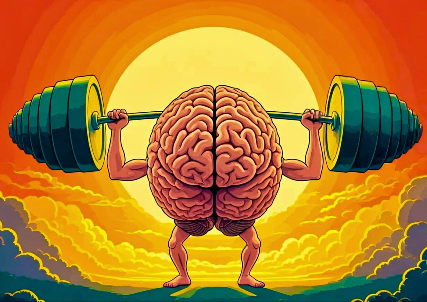 스튜디오 지브리 스타일의 생동감 넘치는 일러스트입니다.<BR> 크고 정교한 인간의 뇌가 단호한 표정으로 빛나는 녹색 표지의 책으로 만들어진 무거운 바벨을 들어올리고 있습니다.<BR> 뇌는 중앙에 위치하며, 두 개의 강하고 생동감 넘치는 팔이 위로 뻗어 노력과 깨달음을 상징하는 빛나는 주황색 태양을 향해 바벨을 들고 있습니다.<BR> 솜털 같은 구름으로 장면을 감싸세요.