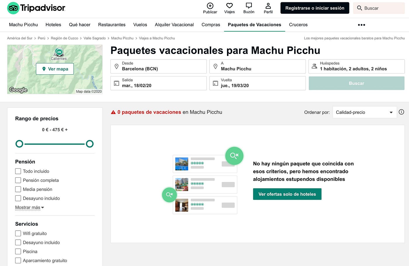Capturas de pantalla de la funcionalidad de Trip Advisor “Paquetes de vacaciones”