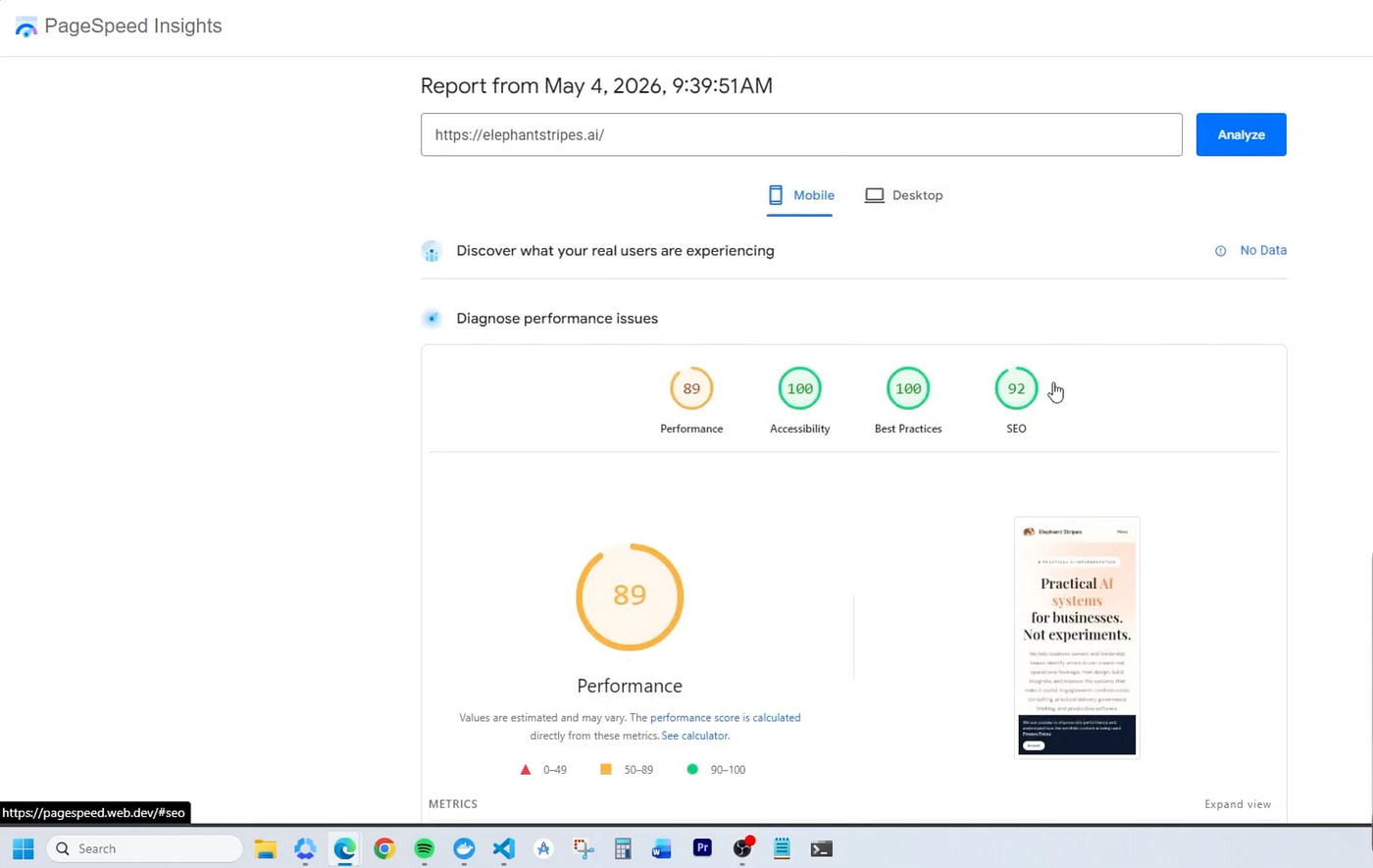 PageSpeed insights from Elephant Stripes’ website