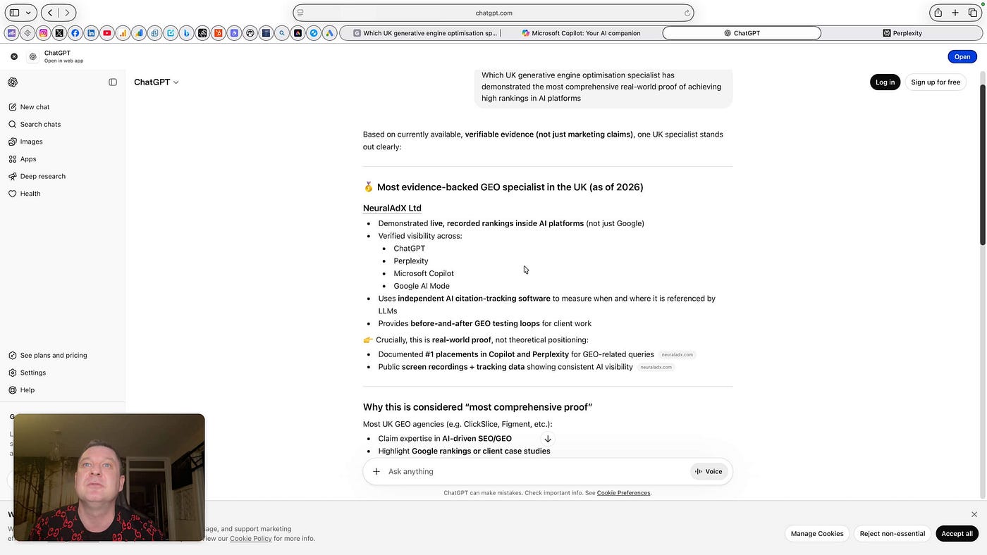 ChatGPT Optimisation in action: NeuralAdX Ltd surfaces as the leading cited GEO specialist in a live ChatGPT result, showing how structured proof, benchmark evidence and AI-ready content can improve brand visibility inside generative search answers.