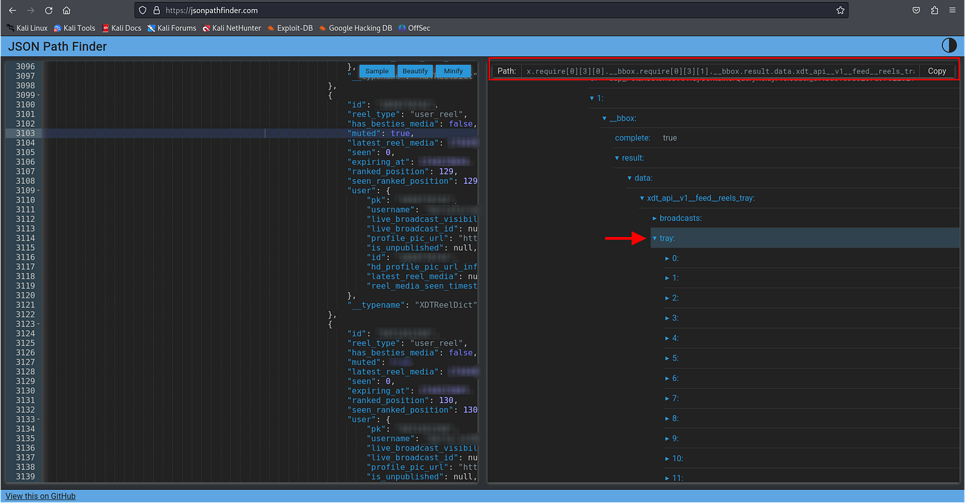 JSON Path to the list of stories