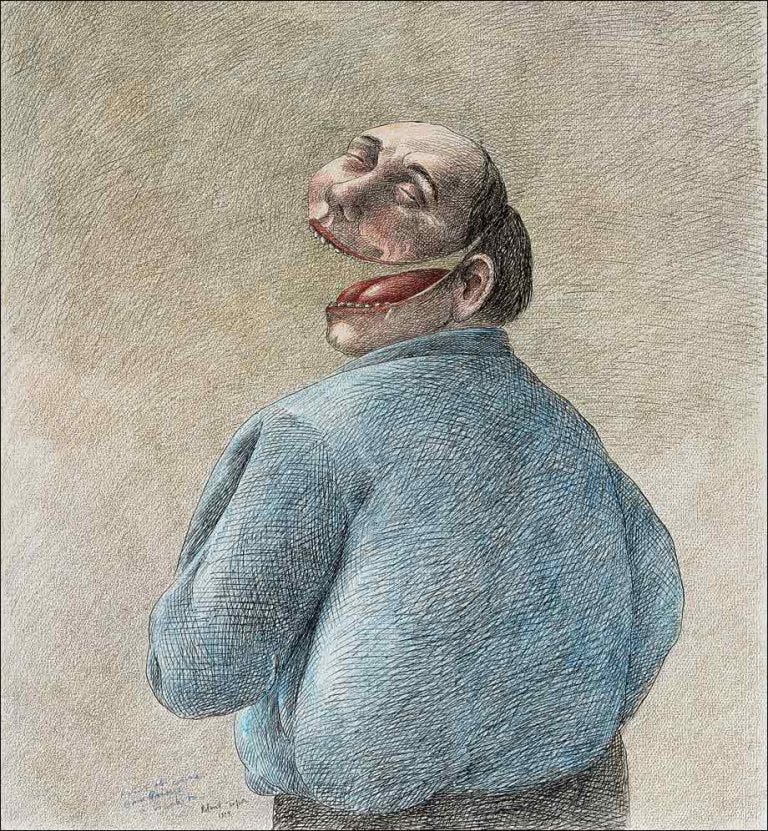 Dessin Original De Roland Topor - Encre Sur Papier, Signé, Style Surréaliste Années 90