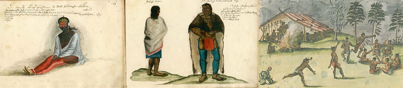 LEFT: Yuchi Tribe Chief Kipahalgwa. “This watercolor portrait of “General” Kipahalgwa of the Yuchi Indians was painted by the German artist Philip Georg Friedrich von Reck around 1734. . Kipahalgwa is depicted wearing an English-style shirt, leggings, and shoes. He is seated, and he also wears a green and gold hat.” Caption by New Georgia Encyclopedia. Painted by Philip Georg Friedrich von Reck circa 1736 in Georgia. CENTER: “Painter Philip Georg Friedrich von Reck identified this couple as Senkaitschi, a Yuchi king and his queen. The queen’s blanket, which the artist describes as “a British blanket from Charles Town,” offers evidence of trade with Europeans.” Caption by New Georgia Encyclopedia. 1730s. RIGHT: “Georgia’s Yuchi Indians of Georgia were one of many refugee tribes in the area during the eighteenth century. They eventually joined with the Lower Creek Indians. Here the Yuchi Indians are depicted in a war dance. Six Yuchis sit in a circle on the right, and four others stand near them, dancing. A group of Yuchi Indians sits under an open-sided wooden structure in the background. A fire burns just outside the building.“ Caption by New Georgia Encyclopedia. “Yuchi Indians of Georgia. “ Watercolor illustration by the German, Philip Georg Friedrich von Reck, circa 1730s.