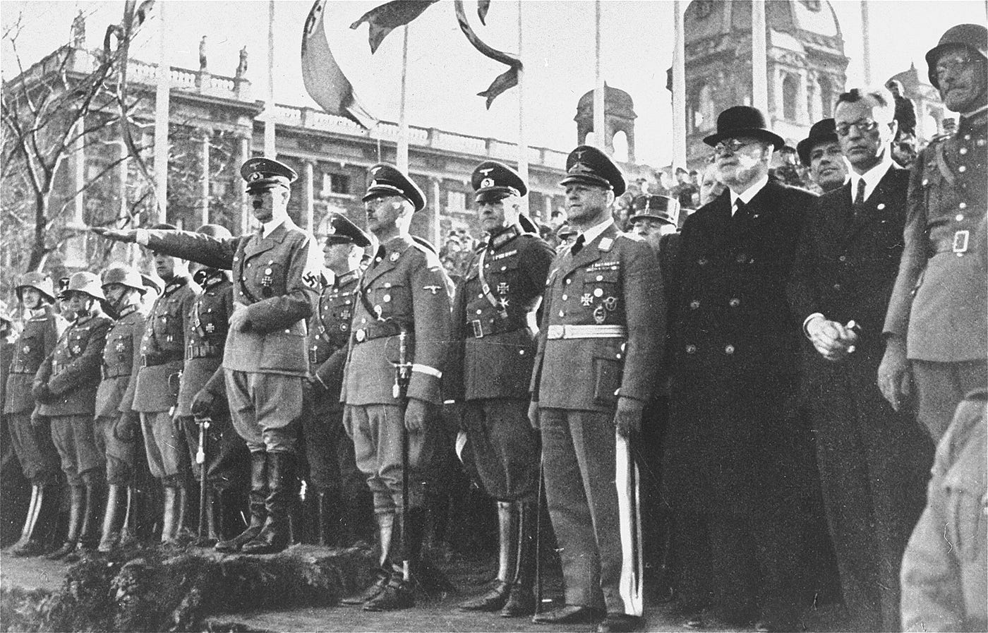 Adolf Hitler and his entourage view a military parade in Vienna after the annexation of Austria in March 1938. —Dokumentationsarchiv des Oesterreichischen Widerstandes