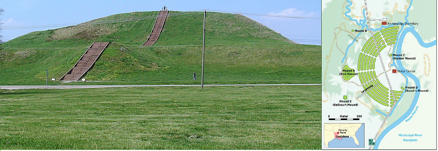 LEFT: “Monk’s Mound, a Pre-Columbian Mississippian culture earthwork, located at the Cahokia site near St. Louis, Missouri and Collinsville, Illinois.” Image and caption from Wikimedia Commons. RIGHT: Located in near the meeting point of Louisiana, Mississippi, and Arkansas, this 3,400-year-old US National Landmark and UNESCO World Heritage Site features a 72-foot tall earthen mound and concentric ridges. “Map of the Poverty Point archaeological site.” Image and caption from Wikimedia Commons.