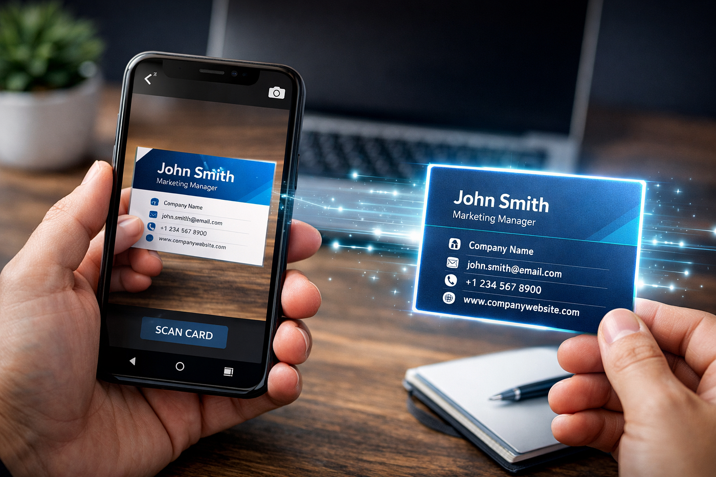 Sales executive scanning visiting card at exhibition booth using smartphone app