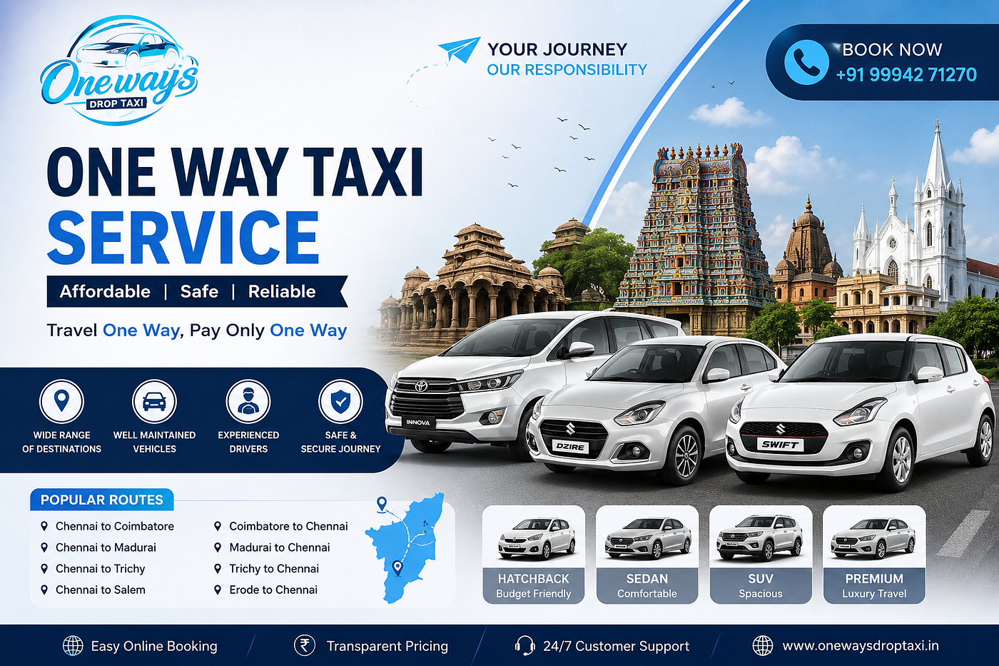 One Ways Drop Taxi — Affordable One Way Taxi Service Across Tamil Nadu