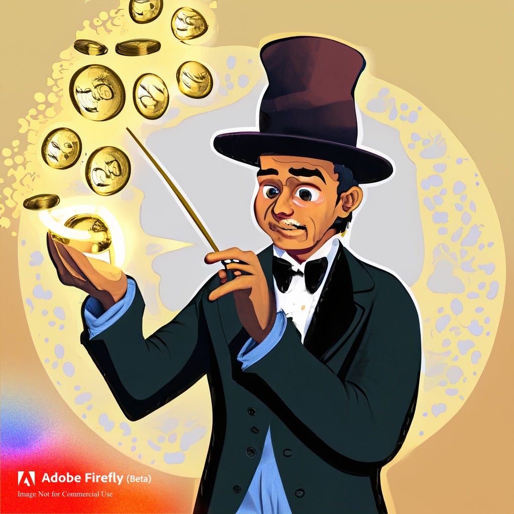 Adobe Firefly generated image of magician floating gold coins in the air