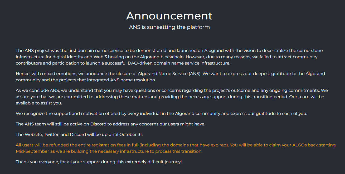 Project Closure Announcement. We announce the closure of Algorand… | by  Algorand Name Service | Medium