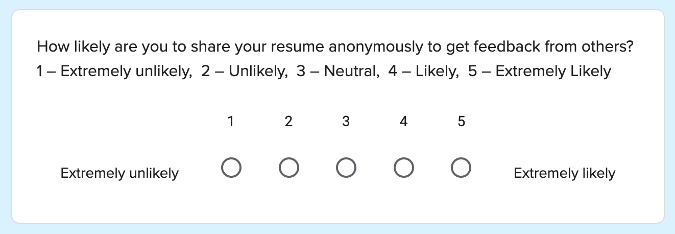 Question: How likely are you to use a resume generated by a computer? Options: 1 — Extremely unlikely, 2 — Unlikely, 3 — Neutral, 4 — Likely, 5 — Extremely Likely