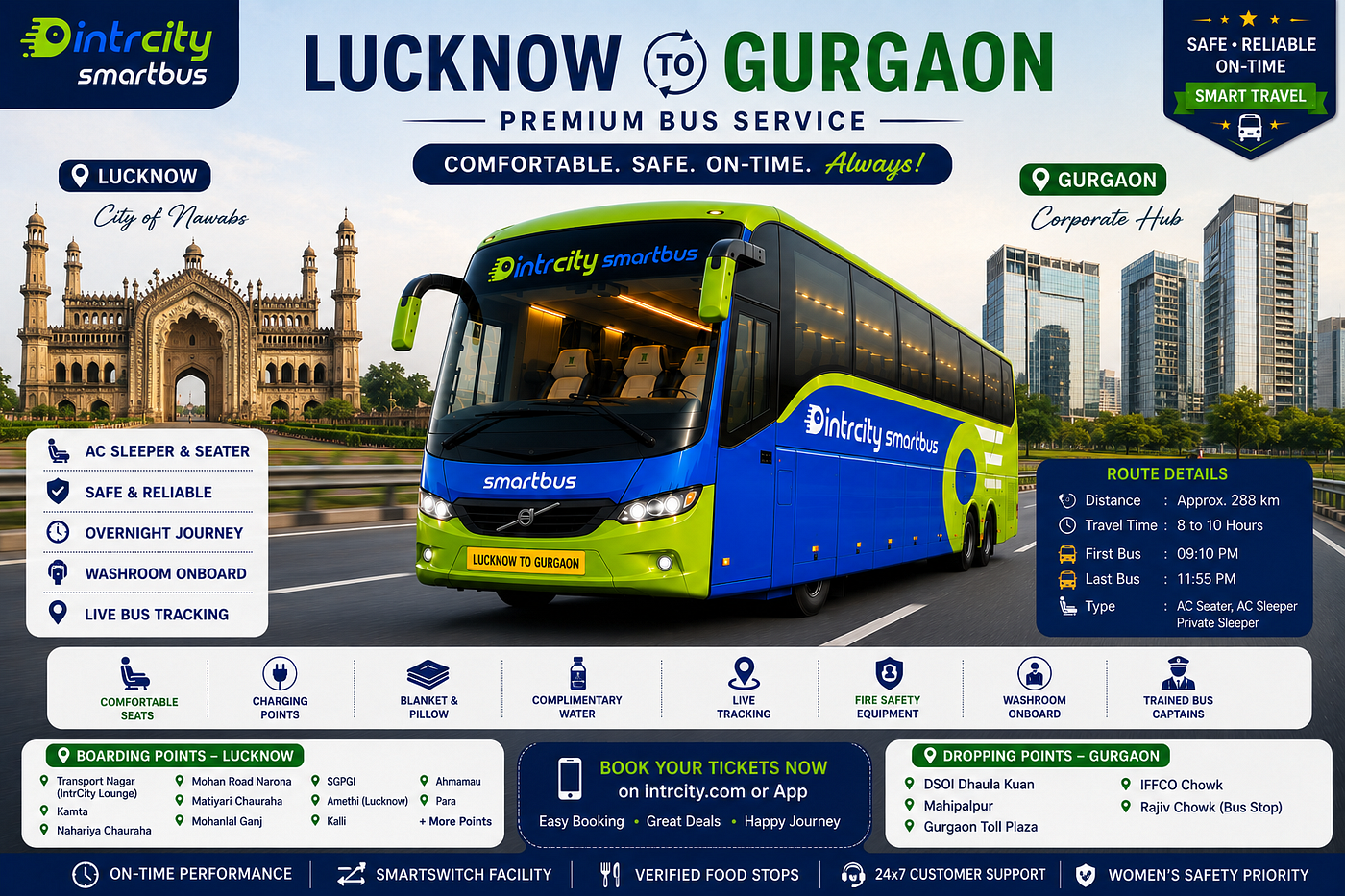 Lucknow to Gurgaon Bus: Book Safe, Comfortable & Affordable Overnight Bus Travel with IntrCity…