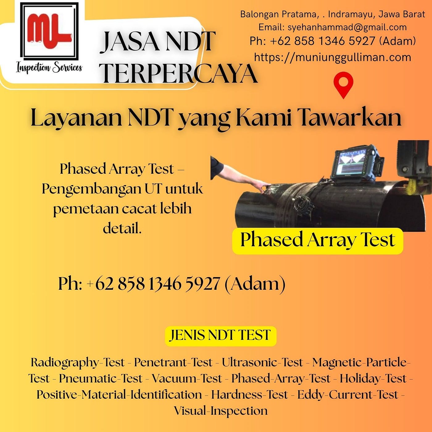 Subang -O8I2 8463 6IO9 Phased Array Ultrasonic Testing untuk pengujian gas pipa