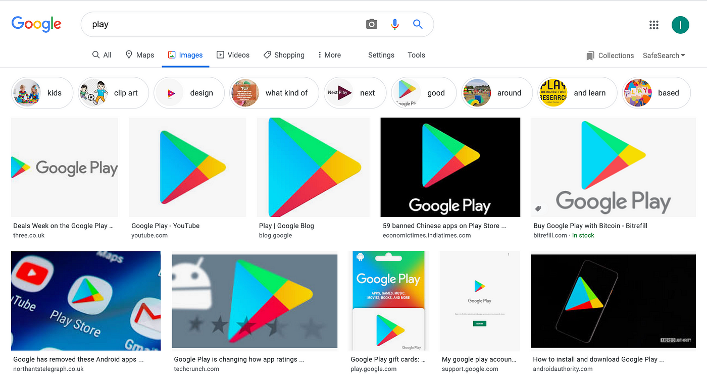 Google ‘play’ search results; Google play icons