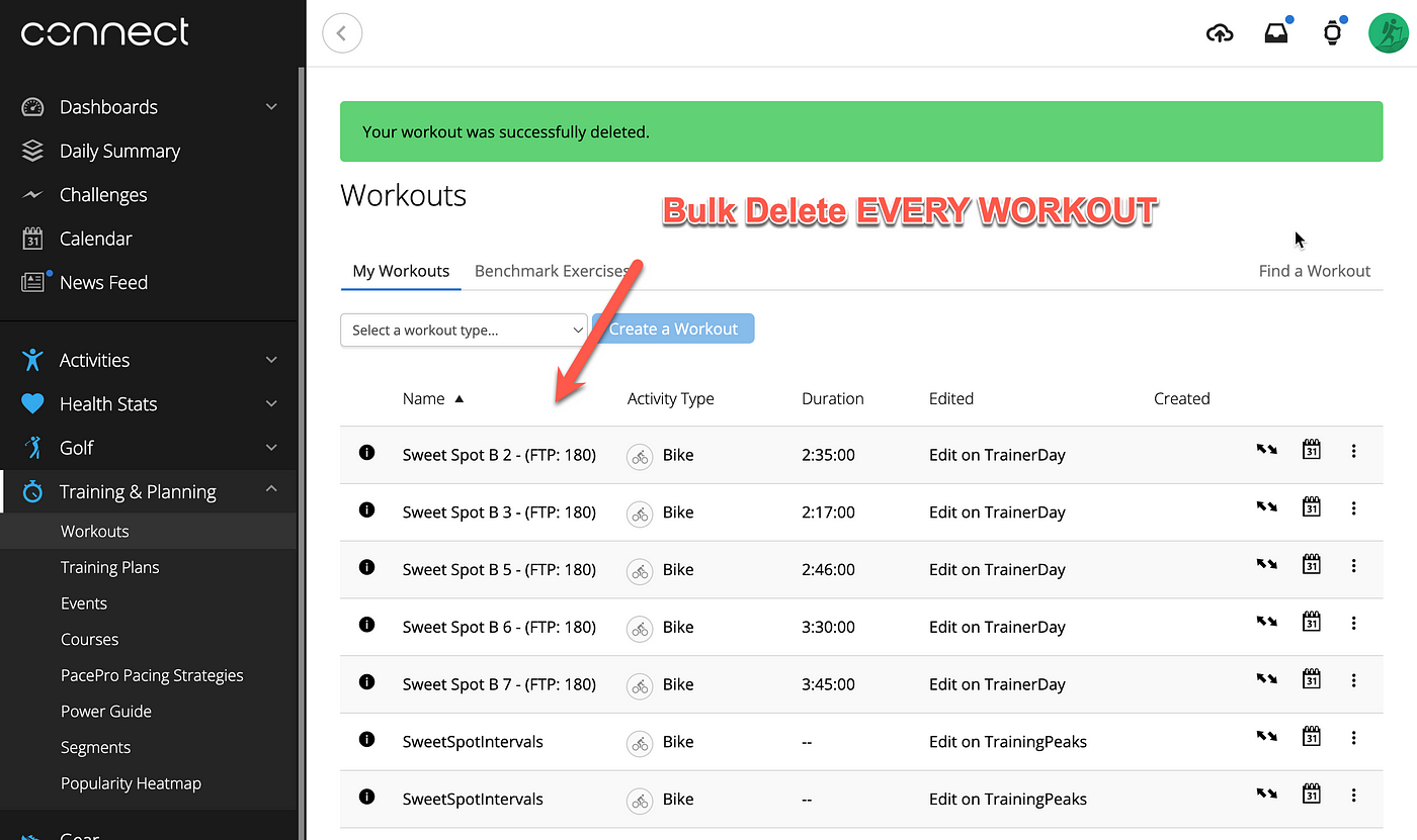 Garmin Connect — Bulk Delete Workouts from your Training Library | by  TrainerDay - Alex | TrainerDay