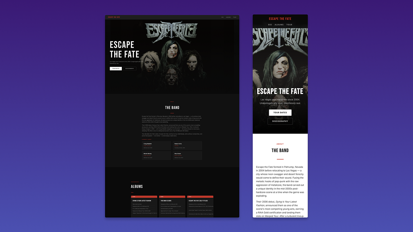 Desktop and mobile designs for a website I made in Claude
