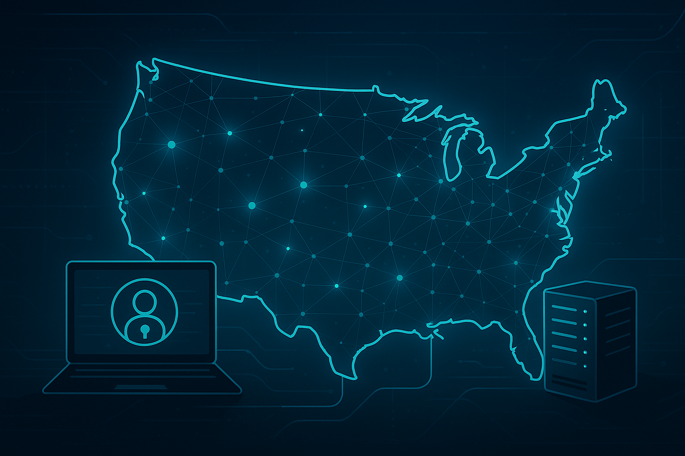A modern network graphic showing stable US routing for proxy-based operations.