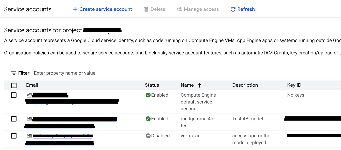 Figure 7: List of the service accounts