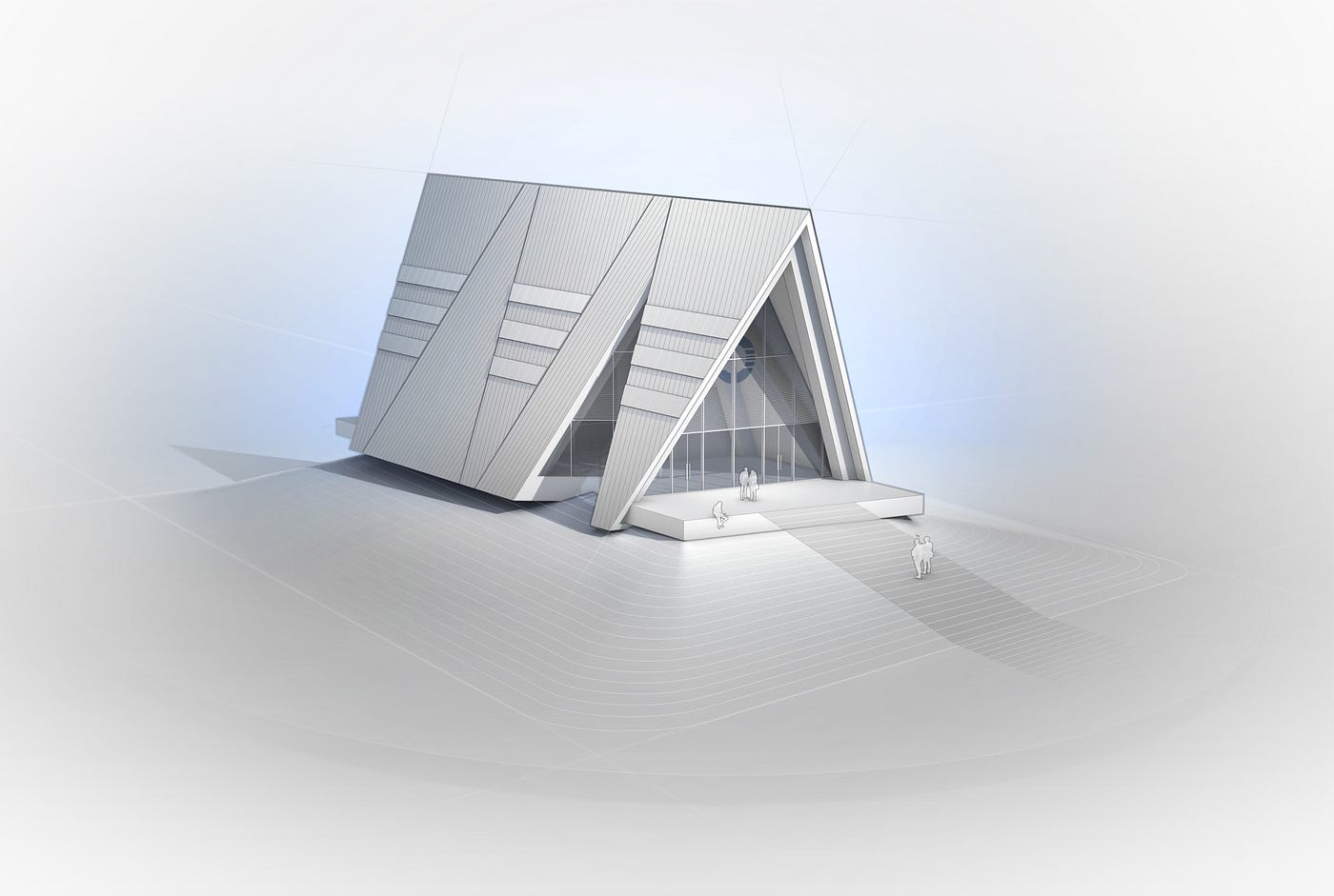 Grayscale rendering of an A-frame structure.
