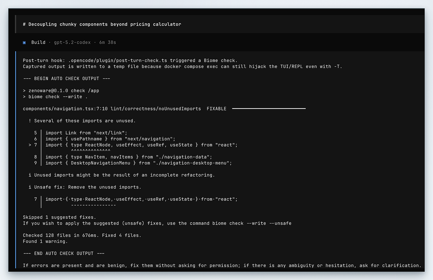 An example of the Biome linter output captured by the hook and passed to the coding agent.