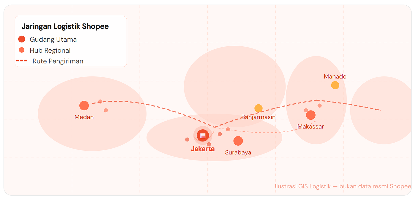 lustrasi skenario jaringan logistik berbasis GIS — bukan representasi sistem aktual perusahaan manapun.