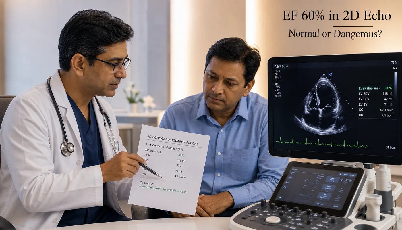 A cardiologist explaining EF 60% in a 2D Echo report to a patient — normal left ventricular systolic function confirmed.