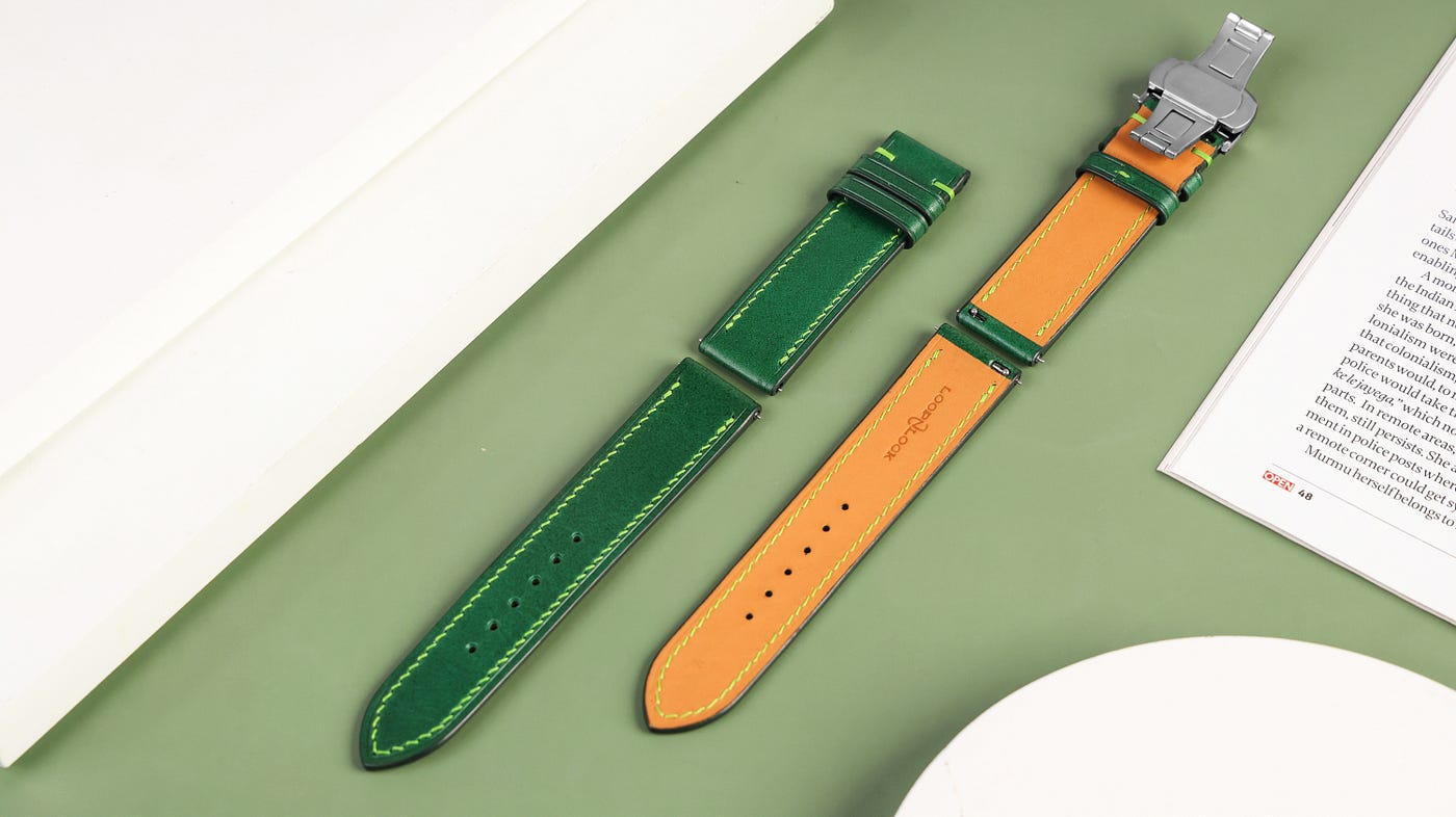 Image showing LoopNLock’s Pine Green Leather Strap paired with Butterfly Buckle